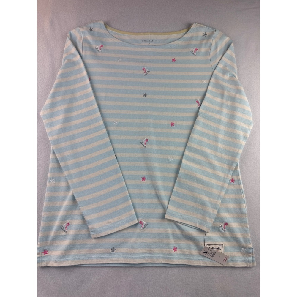 Talbots Women's Top Size M Blue Striped Long Sleeve Ice Skate‎ Star Cotton